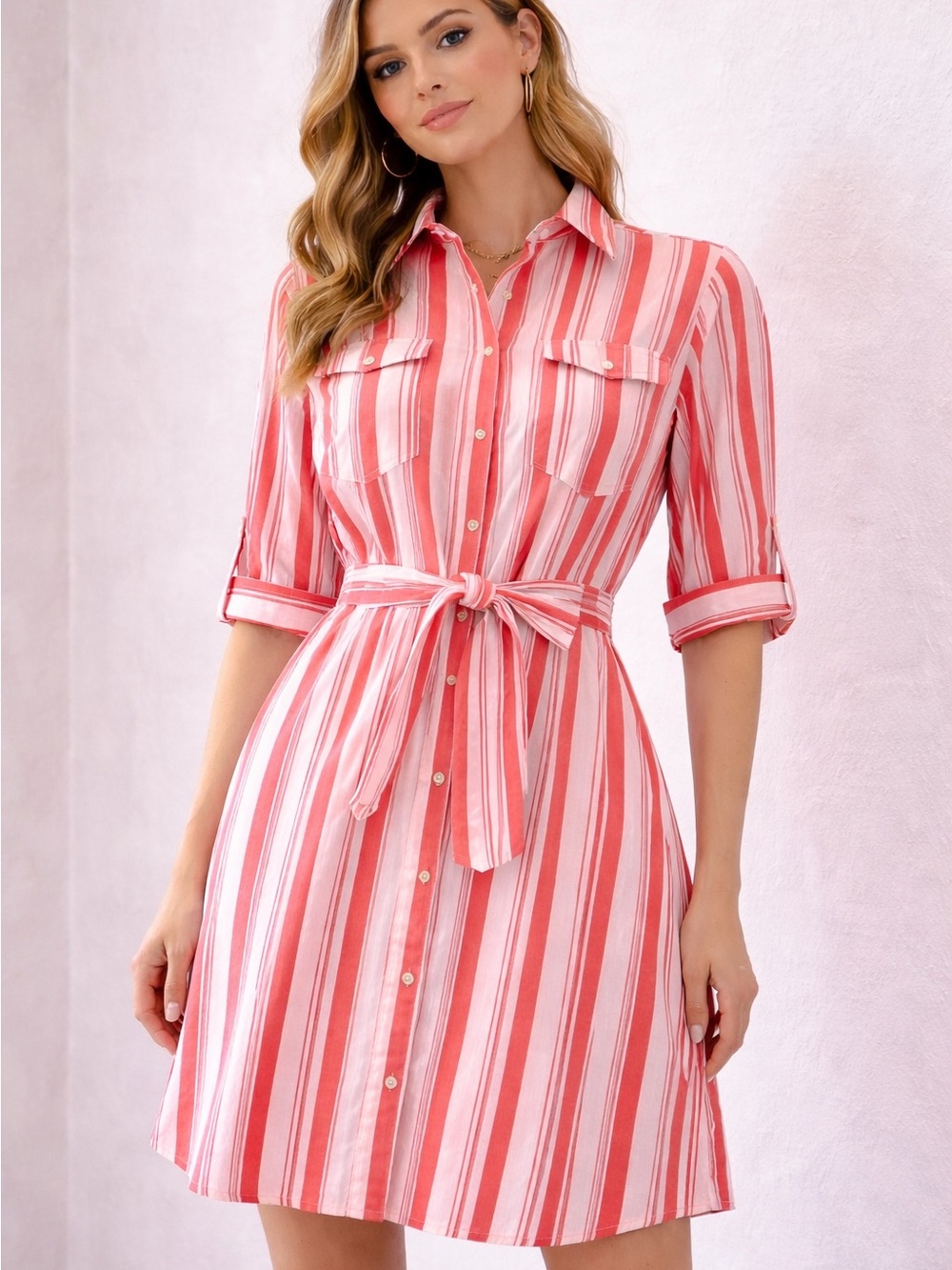 Pink Striped Tie-Waist Shirt Mini Dress